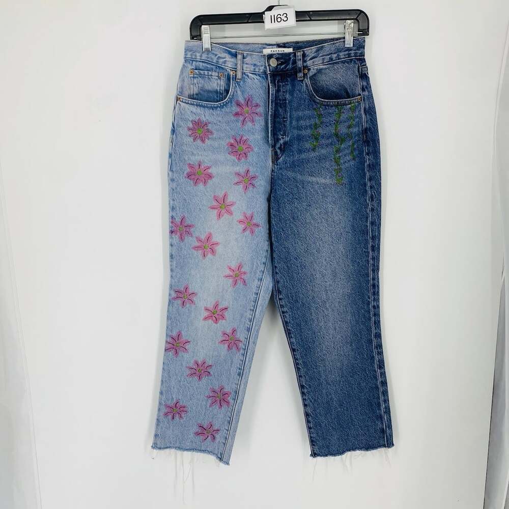 PacSun Dad Jean 27 Hand Painted Floral Folk Art Custom OOAK Denim Jeans Two Tone
